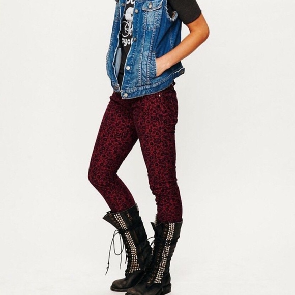 Free People Red Floral Print Skinny Corduroy Pants - Picture 3 of 8